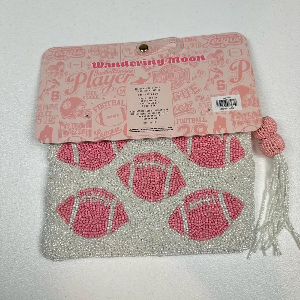 India Handmade in Wandering Moon Beaded Pouch Bag‎ Football White/Pink Game Day